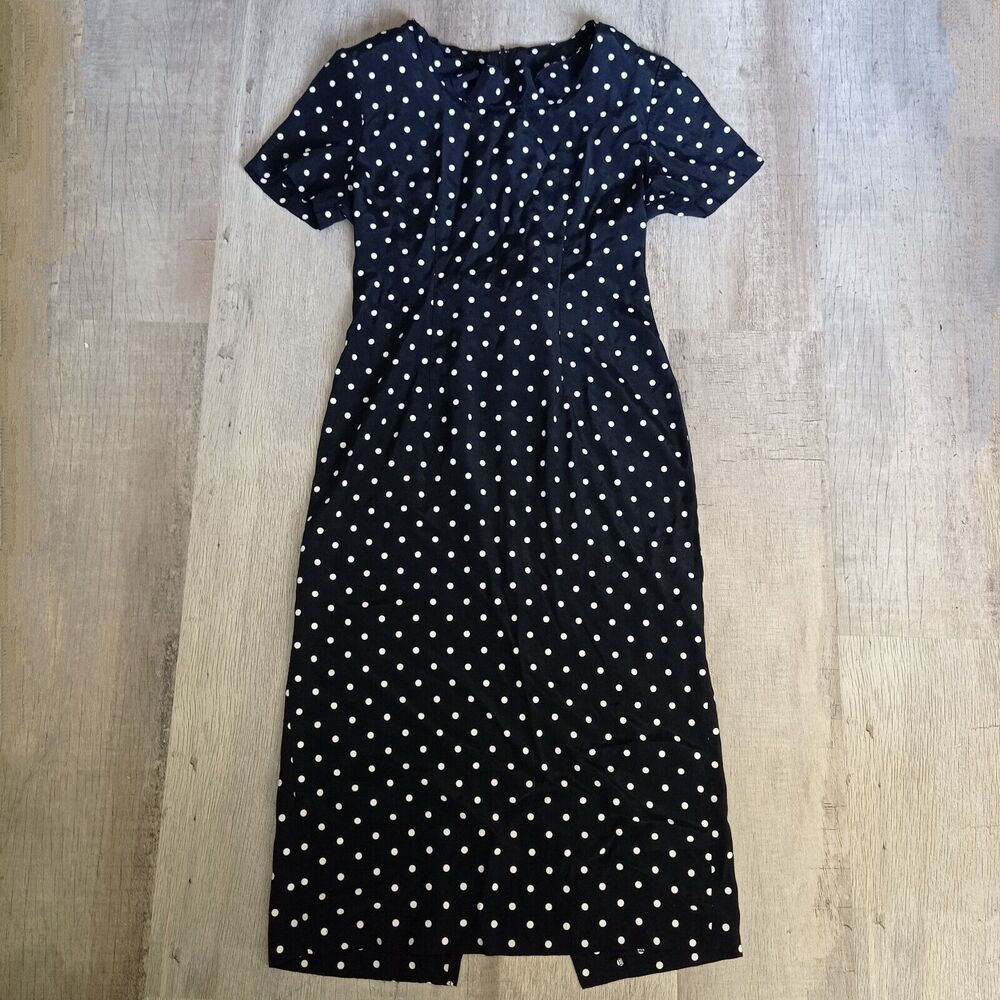 Vtg 1990s Ms. Choice Black Shirt Sleeve Dress Size 6 Pocka Dot Retro